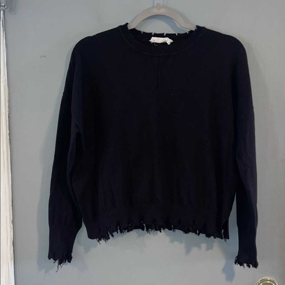 SixFifty Distressed Hem Black Crewneck Sweater Size M